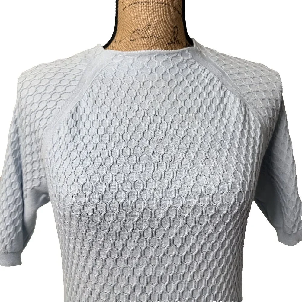 Per Se Women Light Blue Cotton Blend Textured Knit Short Sleeve Sweater Top Sz M